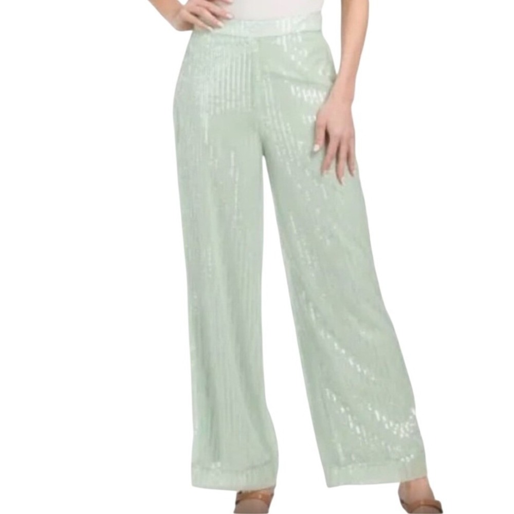 House of Harlow 1960 Mint Green Sequin Wide Leg Pants High Rise Size 2